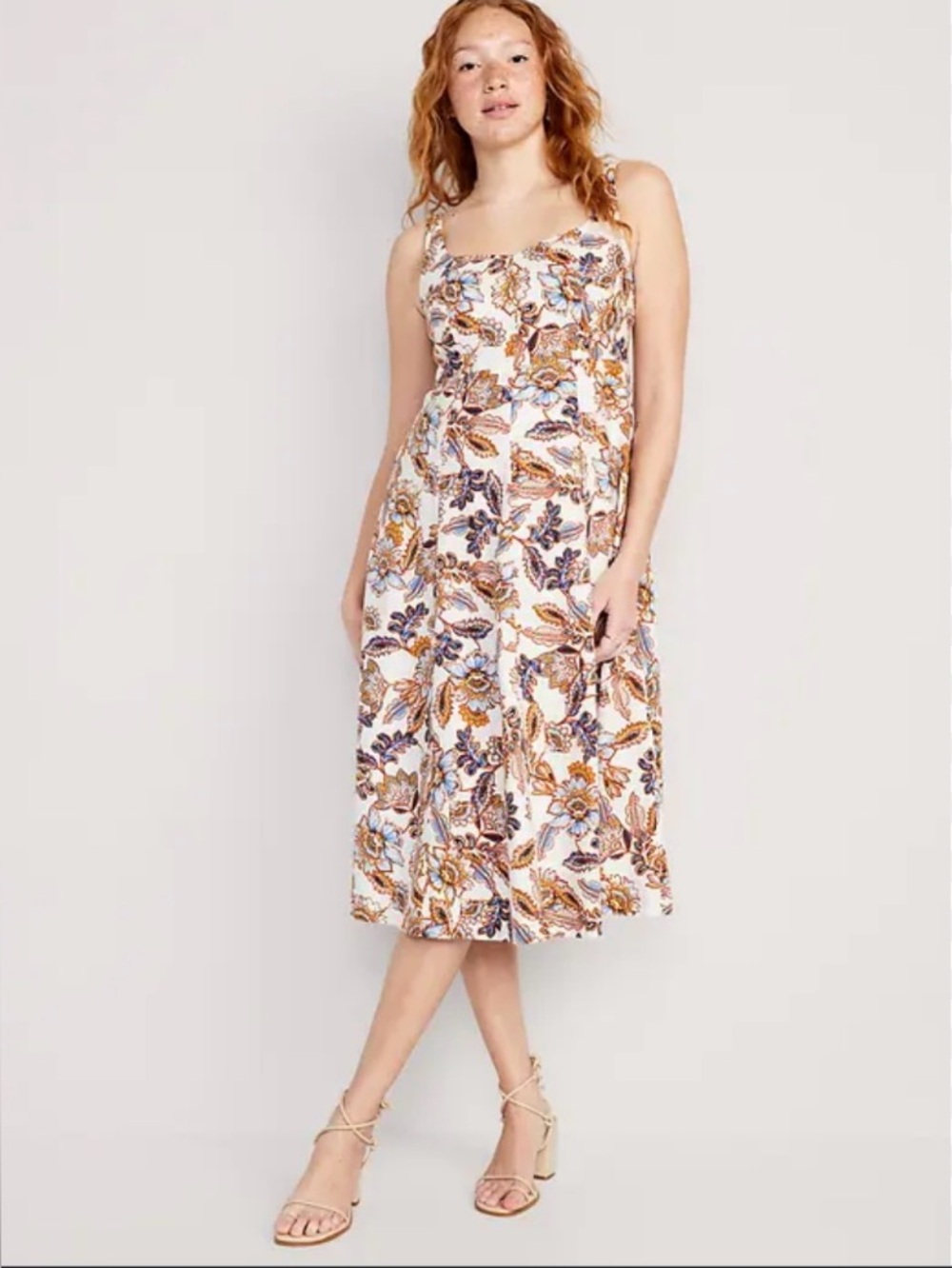 Fit & Flare Floral Linen-Blend Cami Midi Dress size Small